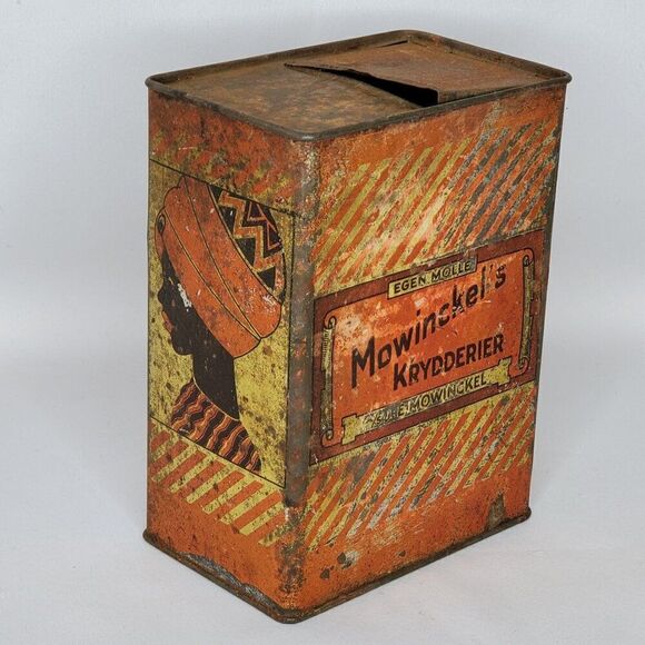 Vintage Norwegian J.E. Mowinckels Krydderier Spice Tin Can Jar African Woman Art